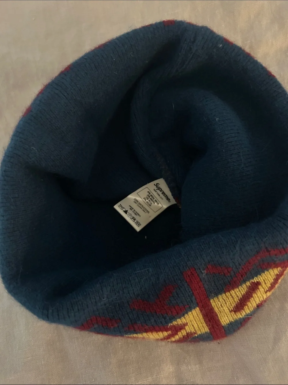 Supreme patterned knit beanie in burgundy, mustard & teal